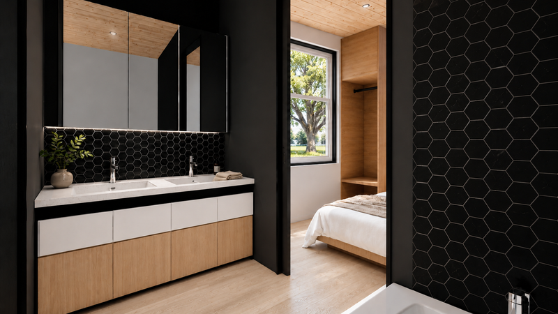 Double vanity bathroom with premium tile